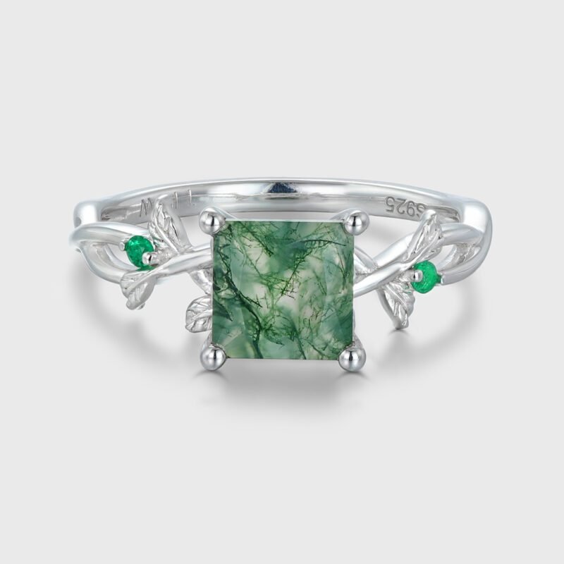 Twig Princess Cut Green Moss Agate Engagement Ring 14k White Gold Ring Vintage Lab Emerald Leaf Wedding Ring Women Gift
