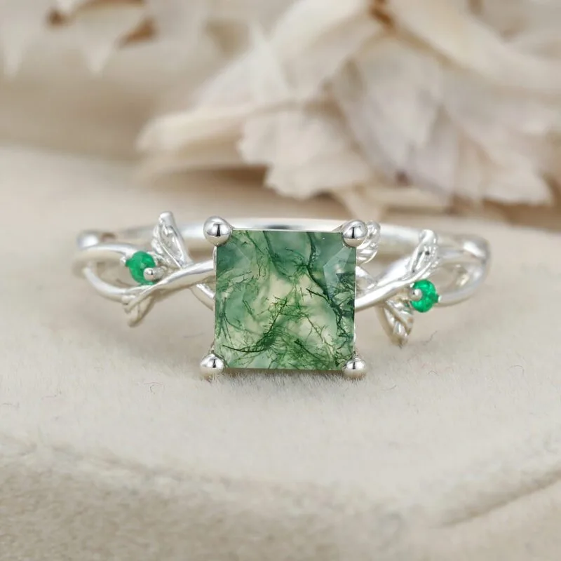 Twig Princess Cut Green Moss Agate Engagement Ring 14k White Gold Ring Vintage Lab Emerald Leaf Wedding Ring Women Gift