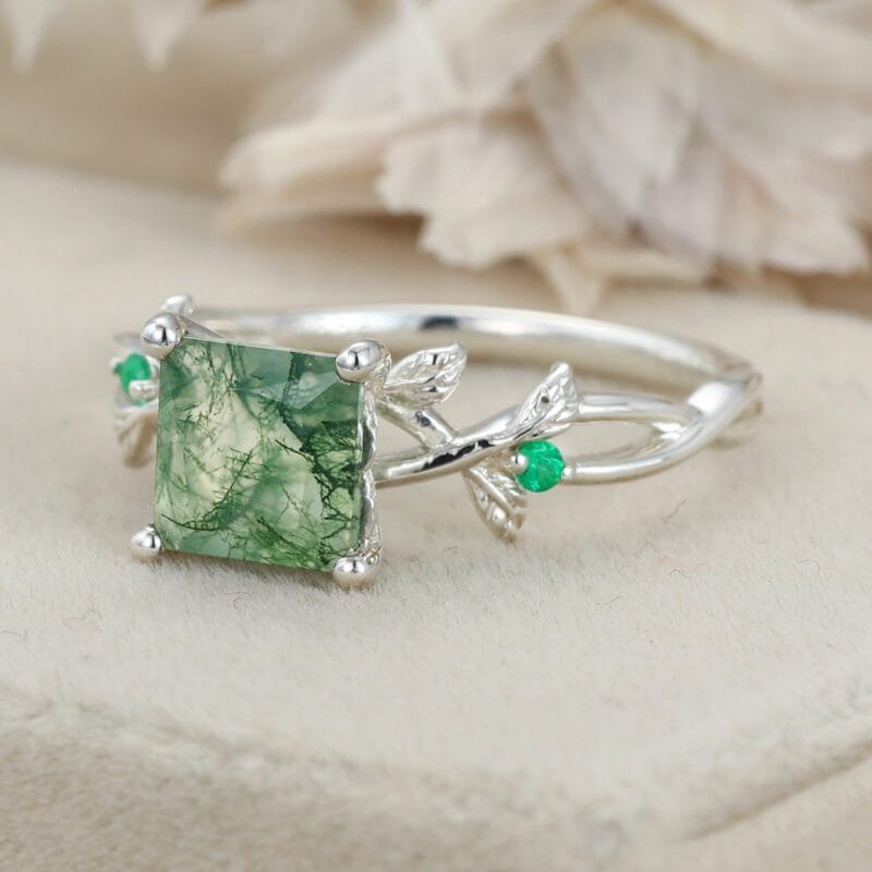 Twig Princess Cut Green Moss Agate Engagement Ring 14k White Gold Ring Vintage Lab Emerald Leaf Wedding Ring Women Gift