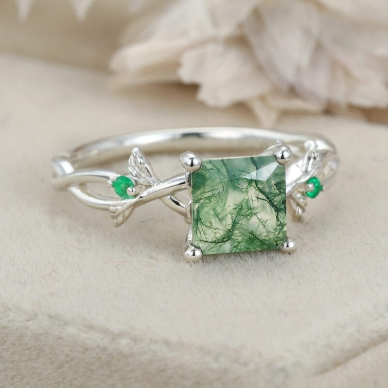 Twig Princess Cut Green Moss Agate Engagement Ring 14k White Gold Ring Vintage Lab Emerald Leaf Wedding Ring Women Gift