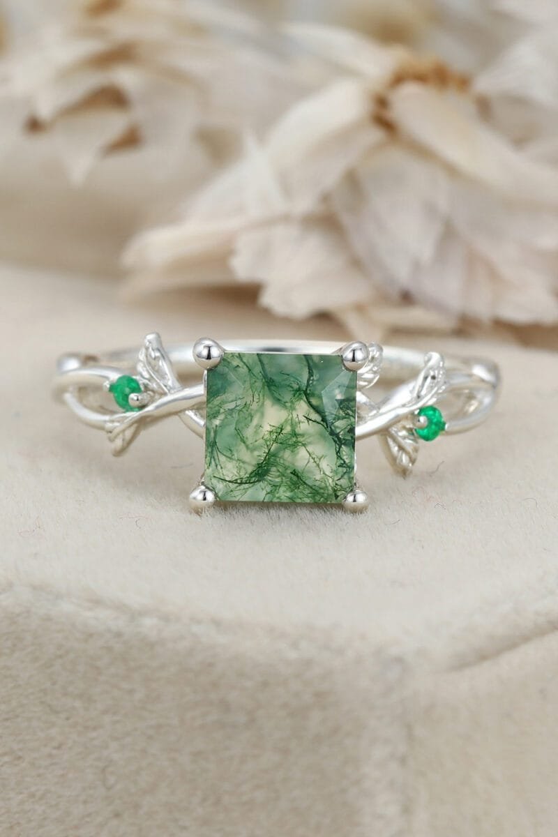 Twig Princess Cut Green Moss Agate Engagement Ring 14k White Gold Ring Vintage Lab Emerald Leaf Wedding Ring Women Gift