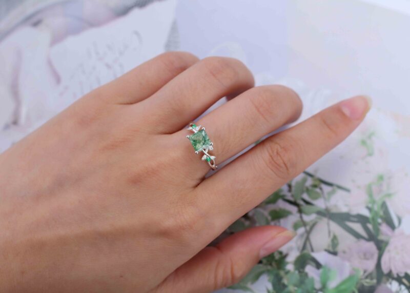 Twig Princess Cut Green Moss Agate Engagement Ring 14k White Gold Ring Vintage Lab Emerald Leaf Wedding Ring Women Gift