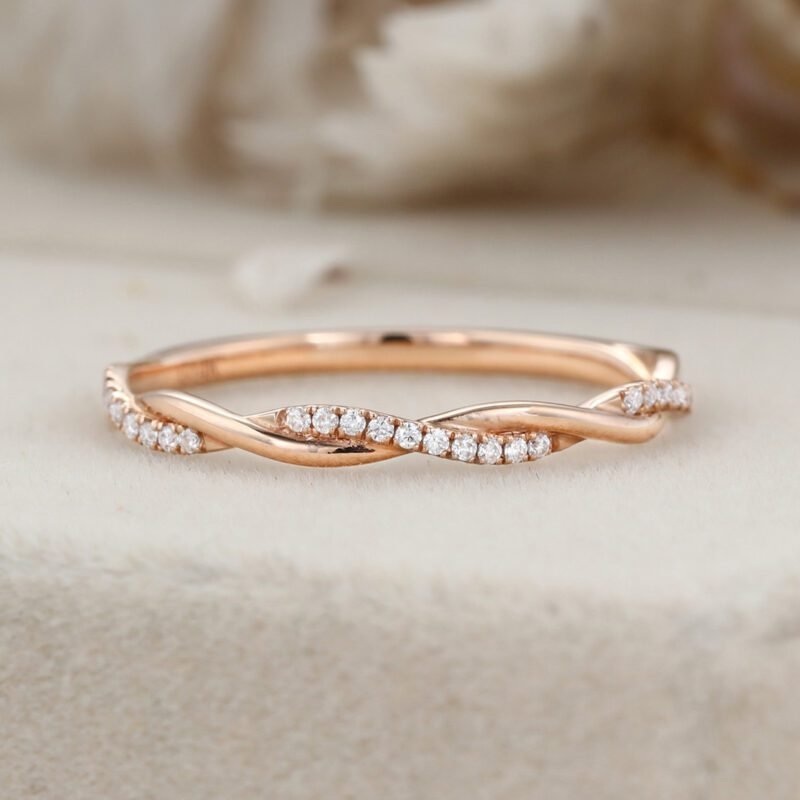 Twist ring Moissanite wedding band Vintage diamond wedding band Unique Rose gold wedding ring stacking matching promise Anniversary gift