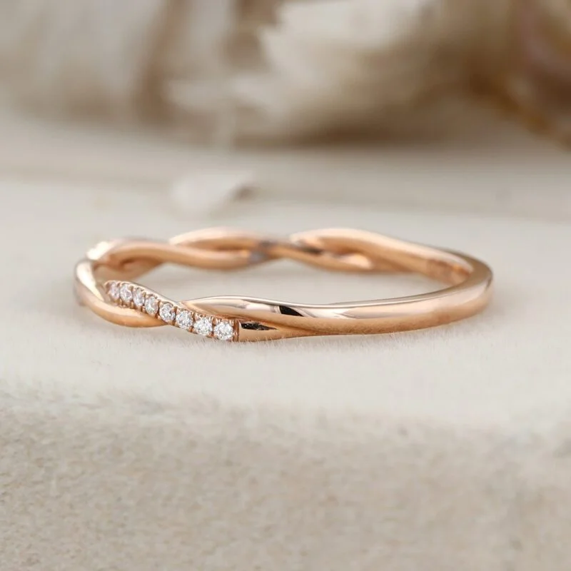 Twist ring Moissanite wedding band Vintage diamond wedding band Unique Rose gold wedding ring stacking matching promise Anniversary gift