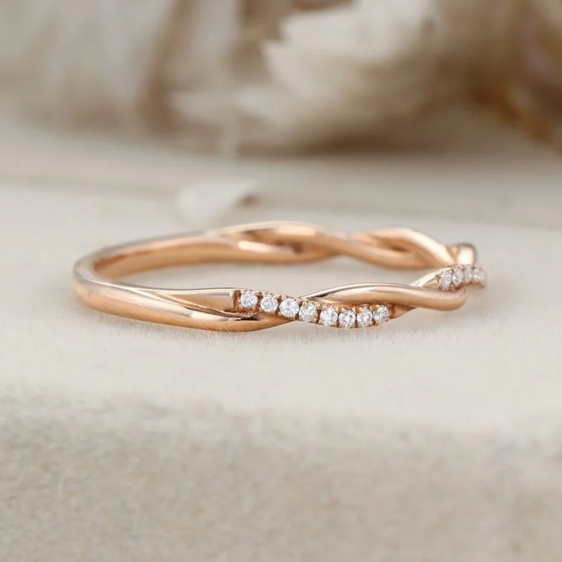 Twist ring Moissanite wedding band Vintage diamond wedding band Unique Rose gold wedding ring stacking matching promise Anniversary gift