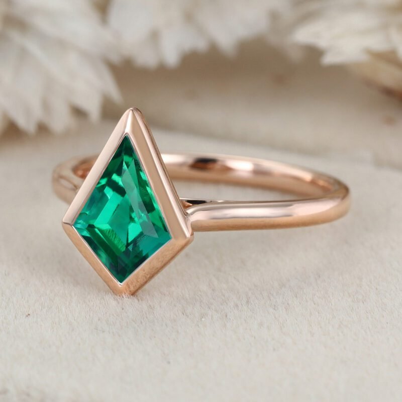 Unique 10x7 mm Kite Cut Bezel Lab Emerald Ring 14K Rose Gold Engagement Ring May Birthstone Ring