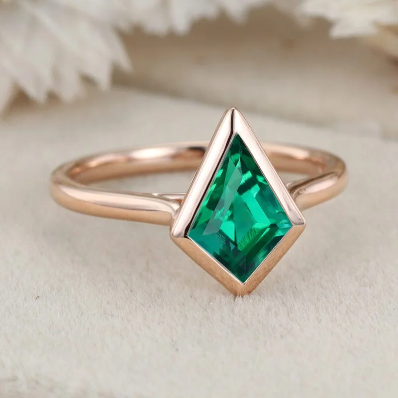 Unique 10x7 mm Kite Cut Bezel Lab Emerald Ring 14K Rose Gold Engagement Ring May Birthstone Ring