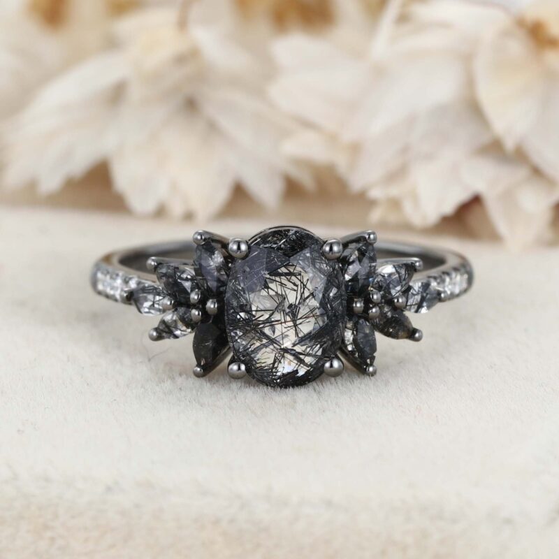 Unique 14K Black Gold Oval Cut Black Quartz Rutilated Engagement Ring Marquise Cut Wedding Ring Gift For Women