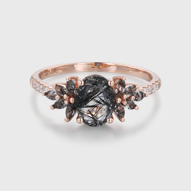 Unique 14K Rose gold Oval cut Black Quartz Rutilated Engagement Ring Vintage Round Diamond Wedding Ring Bridal Art Deco Anniversary Gift For Women