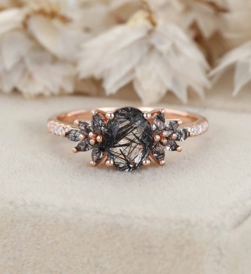 Unique 14K Rose gold Oval cut Black Quartz Rutilated Engagement Ring Vintage Round Diamond Wedding Ring Bridal Art Deco Anniversary Gift For Women