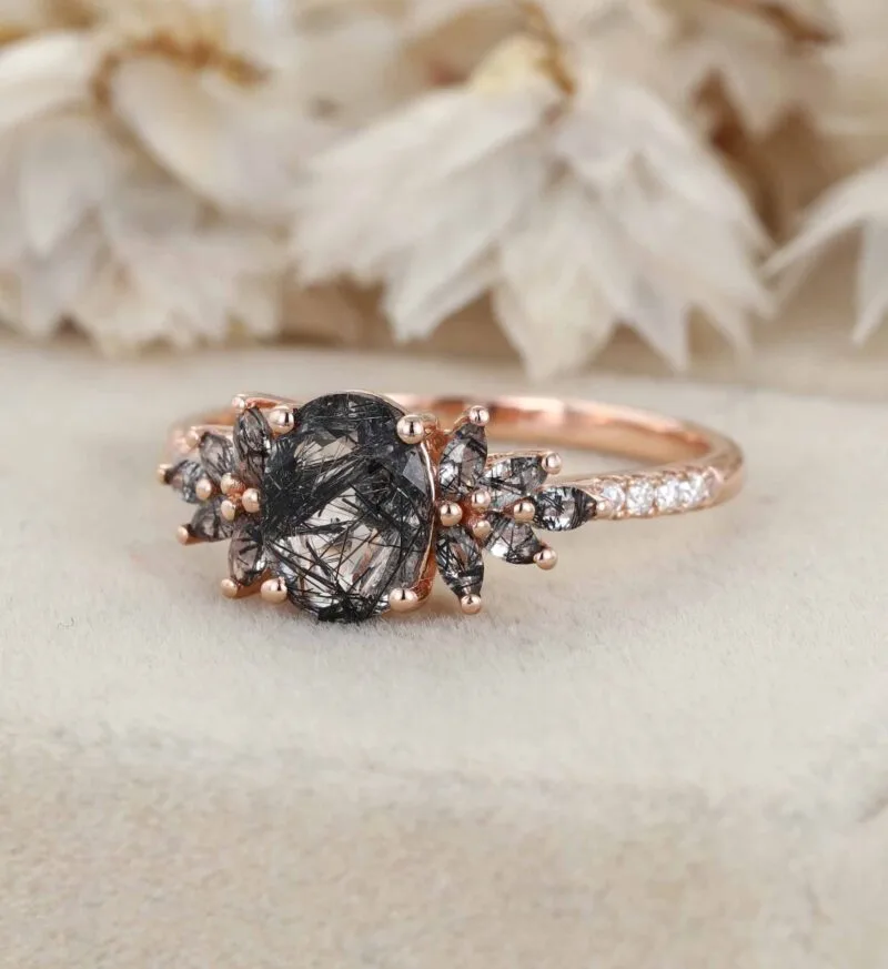 Unique 14K Rose gold Oval cut Black Quartz Rutilated Engagement Ring Vintage Round Diamond Wedding Ring Bridal Art Deco Anniversary Gift For Women