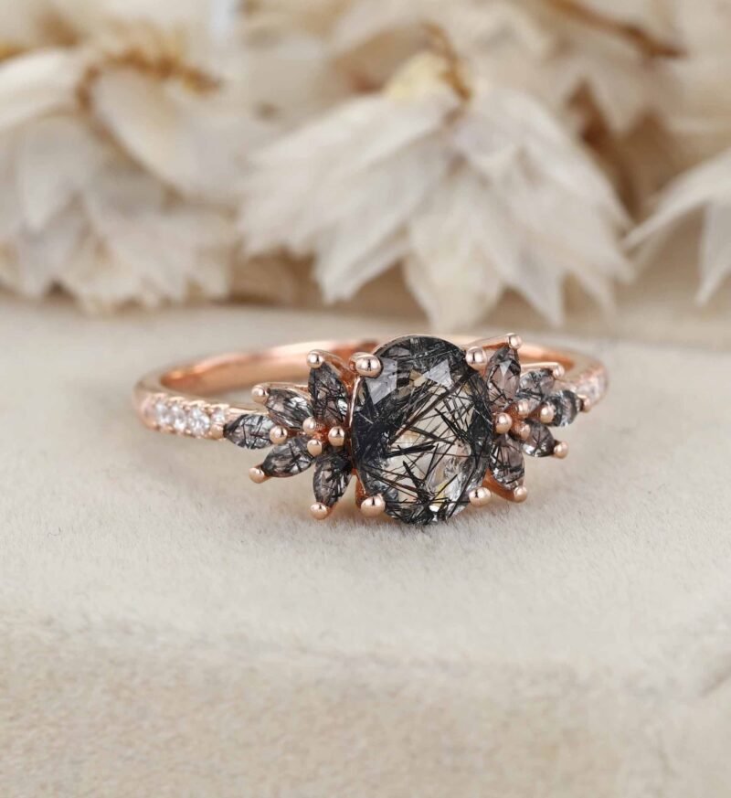 Unique 14K Rose gold Oval cut Black Quartz Rutilated Engagement Ring Vintage Round Diamond Wedding Ring Bridal Art Deco Anniversary Gift For Women