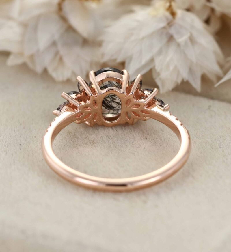 Unique 14K Rose gold Oval cut Black Quartz Rutilated Engagement Ring Vintage Round Diamond Wedding Ring Bridal Art Deco Anniversary Gift For Women