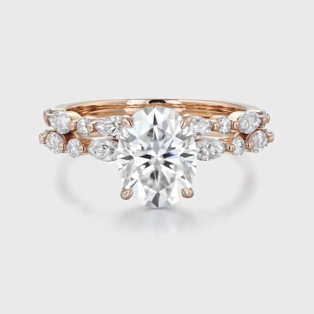 2.20 CT Oval Moissanite Rose Gold Engagement Ring Set, Moissanite hotsell Silver Unique Ring Set, Simulated Oval Ring Set, V Shape Diamond Ring Set