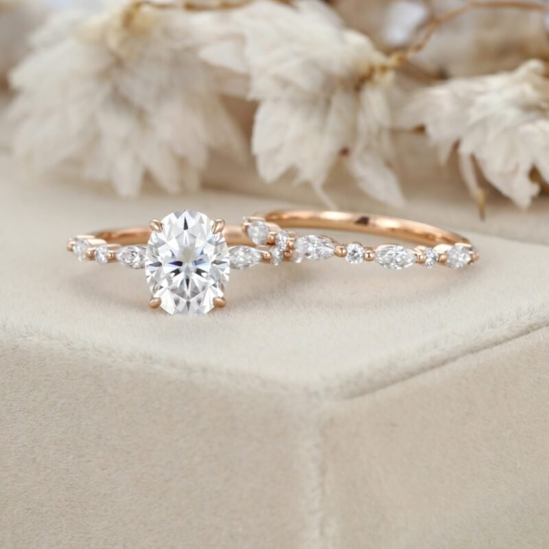 Unique 2ct Oval Moissanite Engagement Ring Set Vintage Marquise Wedding Ring Rose gold Engagement Ring Bridal set Promise Gift Anniversary