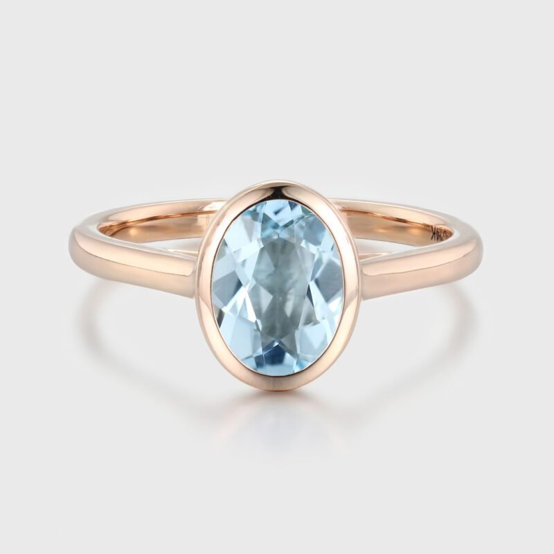 Unique Aquamarine Engagement Ring Vintage Oval Aquamarine bezel engagement ring 14k Rose Gold Aquamarine Wedding Ring For Her