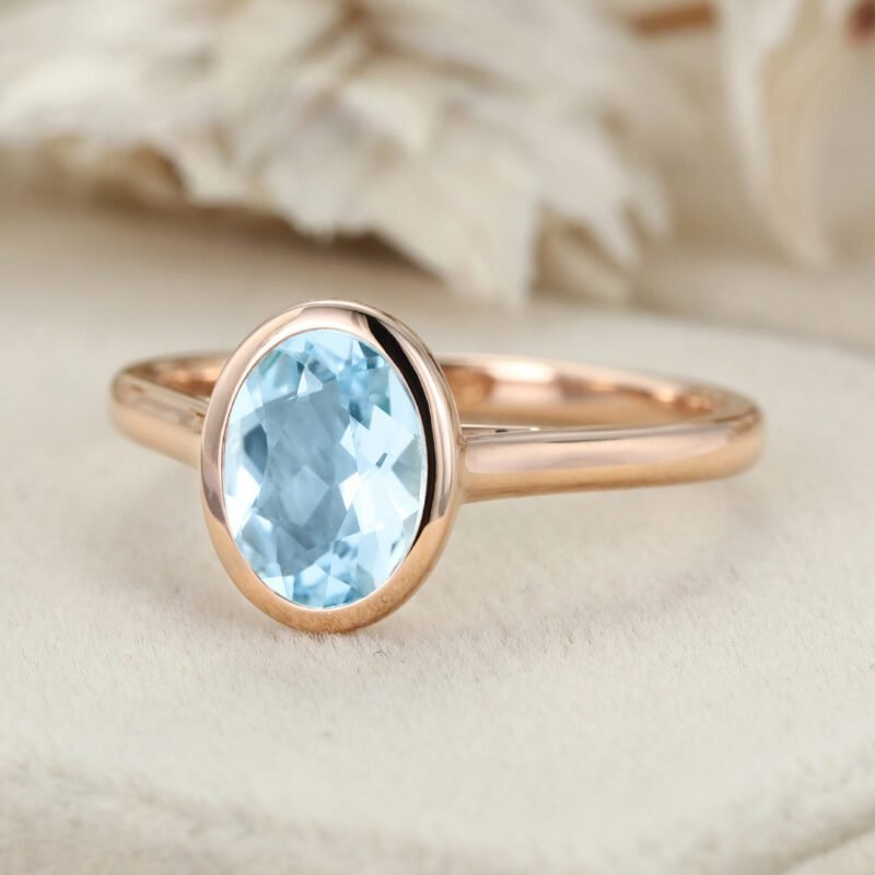 Unique Aquamarine Engagement Ring Vintage Oval Aquamarine bezel engagement ring 14k Rose Gold Aquamarine Wedding Ring For Her
