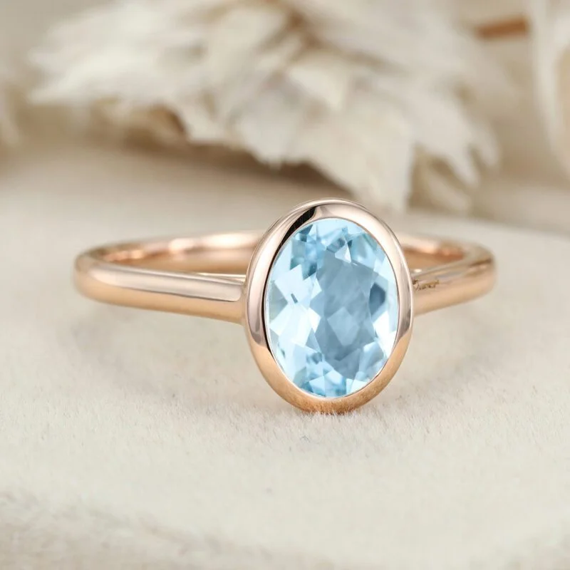 Unique Aquamarine Engagement Ring Vintage Oval Aquamarine bezel engagement ring 14k Rose Gold Aquamarine Wedding Ring For Her