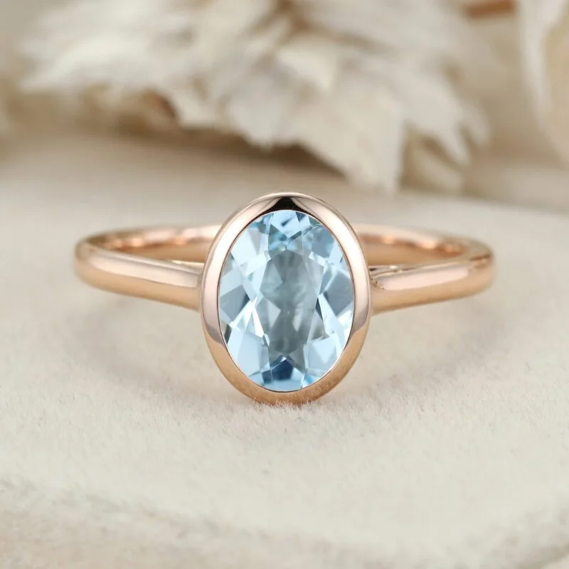 Unique Aquamarine Engagement Ring Vintage Oval Aquamarine bezel engagement ring 14k Rose Gold Aquamarine Wedding Ring For Her