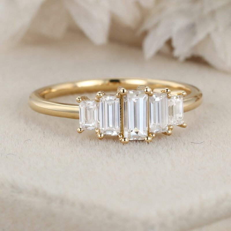 Unique Baguette moissanite engagement ring Vintage Yellow gold engagement ring Cluster ring Bezel art deco Bridal Promise Anniversary gift