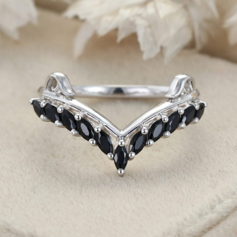 Unique Black Onyx Wedding Band Marquise Wedding Band Vintage 14K White Gold Ring Stacking Matching Promise Ring