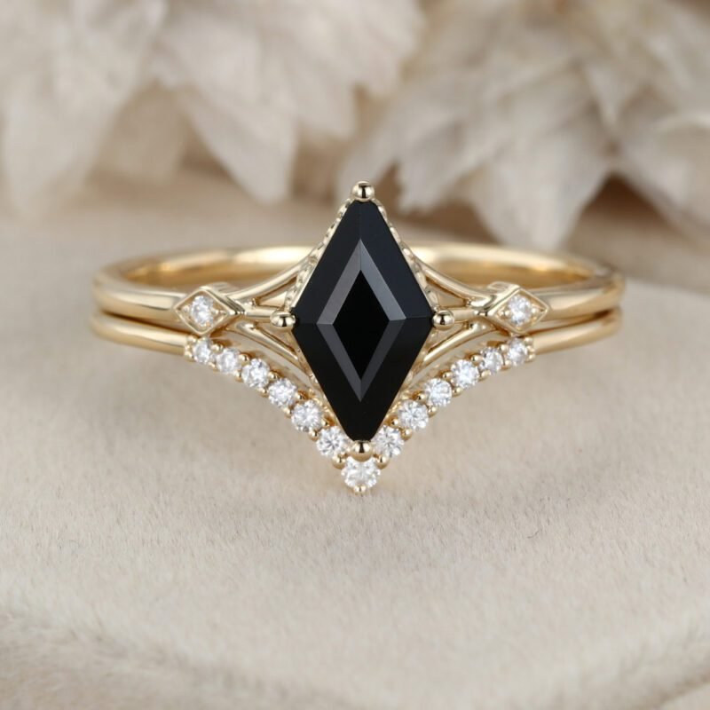 Unique Black onyx Rhombus cut engagement ring set 14K Yellow gold Moissanite engagement ring women Diamond wedding Bridal Anniversary gift