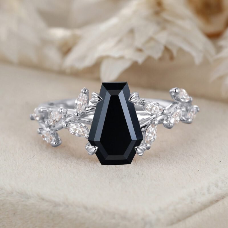 Unique Coffin Cut Black Onyx Engagement Ring 14K Solid Gold Ring Branch Marquise Diamond Cluster Ring