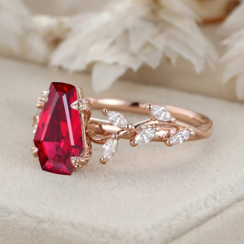 Unique Coffin Cut Lab-Grown Ruby Engagement Ring 14K Solid Gold Ring Branch Marquise Diamond Cluster Ring