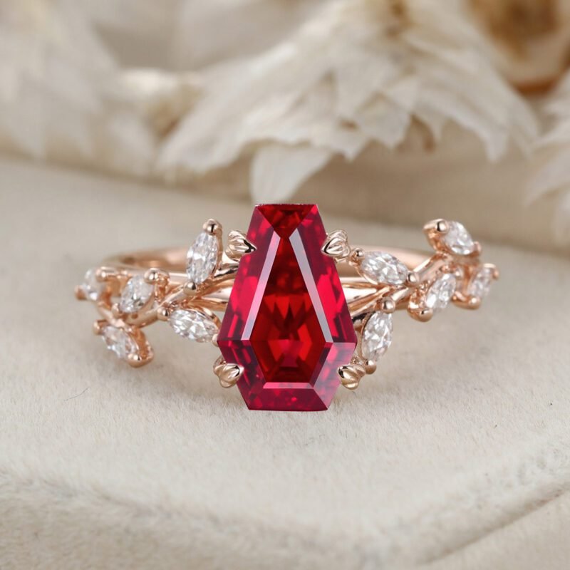 Unique Coffin Cut Lab-Grown Ruby Engagement Ring 14K Solid Gold Ring Branch Marquise Diamond Cluster Ring