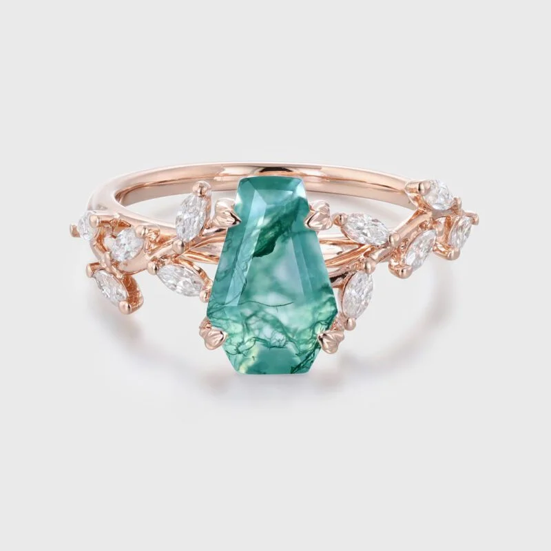 Unique Coffin Cut Nature Inspired Moss Agate Engagement Ring 14K Solid Gold Ring Branch Marquise Diamond Cluster Ring