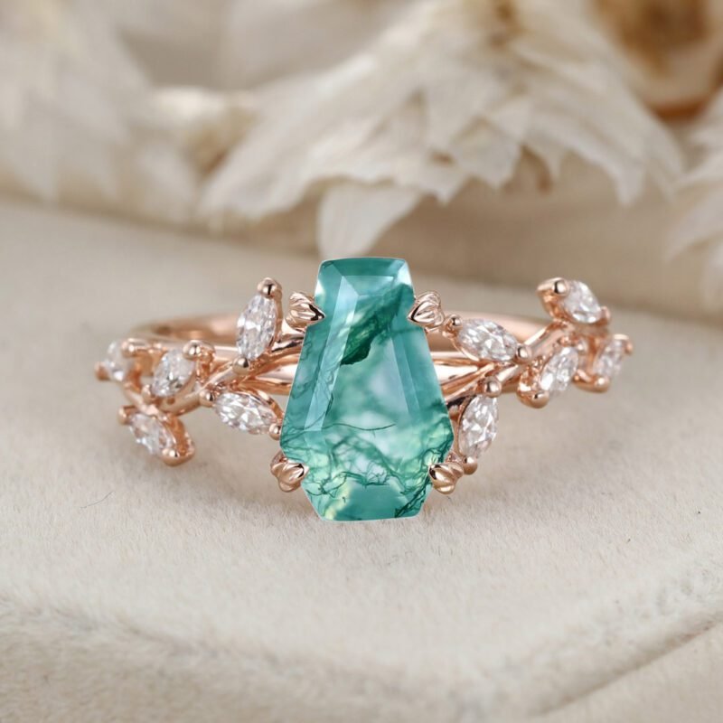 Unique Coffin Cut Nature Inspired Moss Agate Engagement Ring 14K Solid Gold Ring Branch Marquise Diamond Cluster Ring