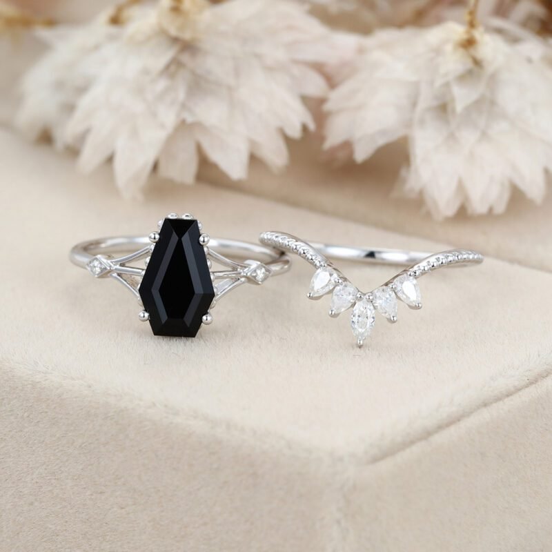 Unique Coffin cut Black onyx engagement ring set Vintage diamond engagement ring Pear White gold engagement ring bridal set anniversary gift