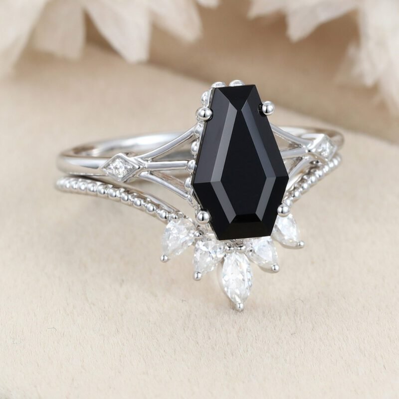 Unique Coffin cut Black onyx engagement ring set Vintage diamond engagement ring Pear White gold engagement ring bridal set anniversary gift