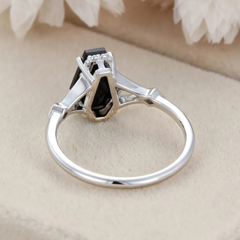 Unique Coffin cut Black onyx engagement ring women diamond engagement ring 14K White gold engagement ring Vintage bridal wedding anniversary