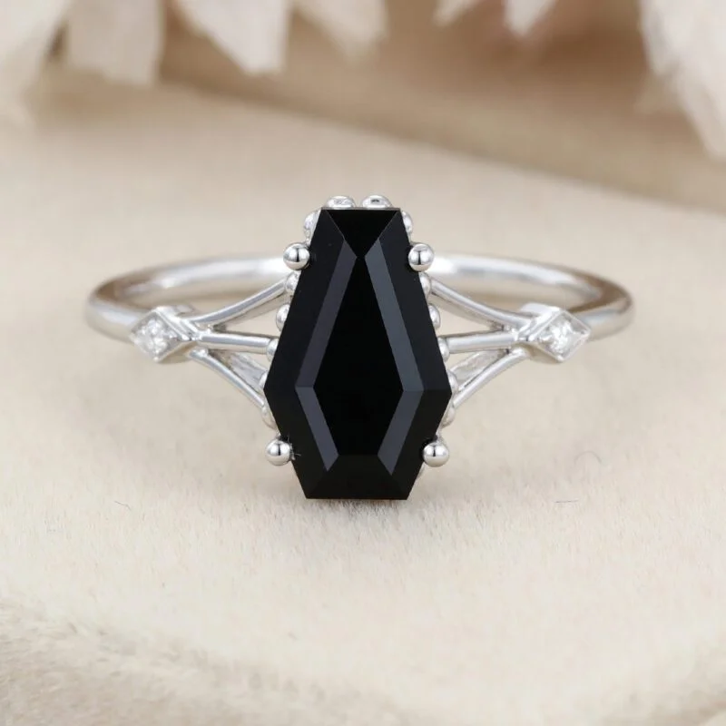 Unique Coffin cut Black onyx engagement ring women diamond engagement ring 14K White gold engagement ring Vintage bridal wedding anniversary