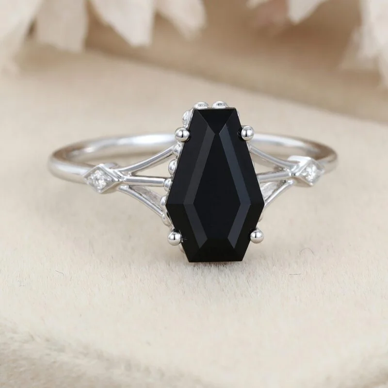 Unique Coffin cut Black onyx engagement ring women diamond engagement ring 14K White gold engagement ring Vintage bridal wedding anniversary