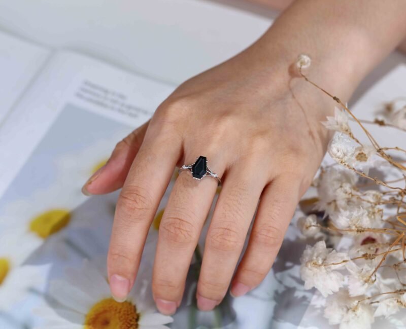 Unique Coffin cut Black onyx engagement ring women diamond engagement ring 14K White gold engagement ring Vintage bridal wedding anniversary