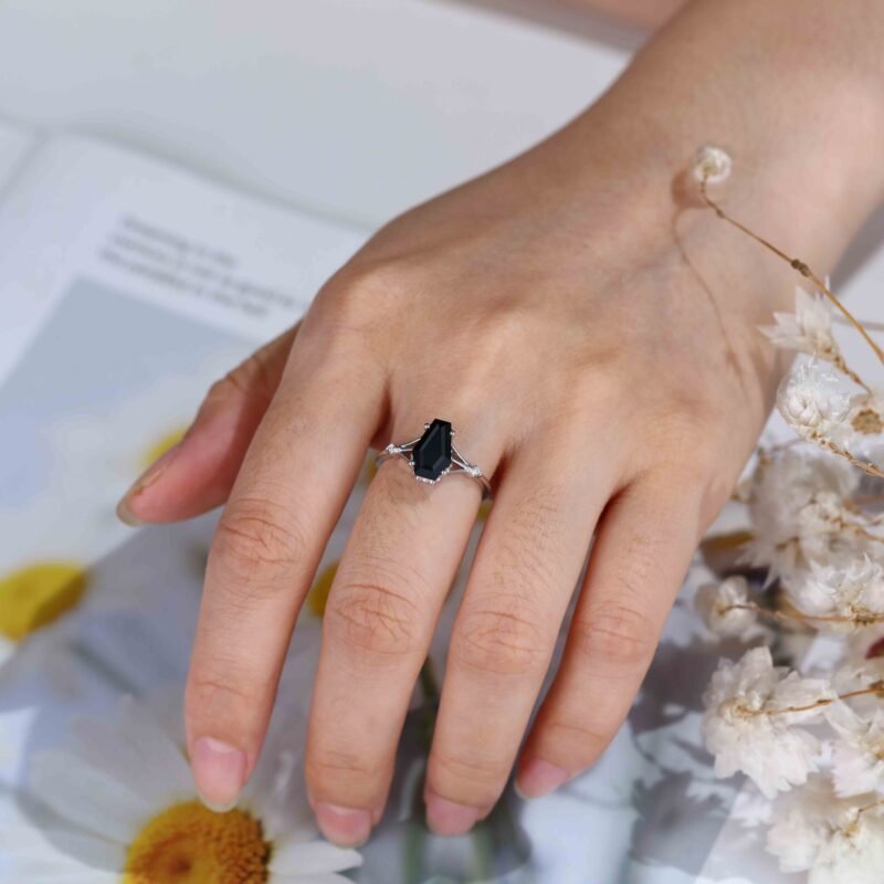Unique black Onyx engagement ring set vintage pear black onyx leaf rin –  WILLWORK JEWELRY