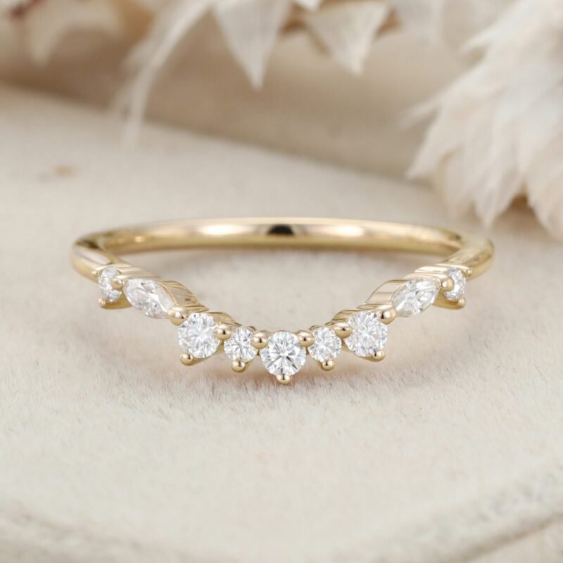 Unique Curved Diamond Wedding Ring 14K Solid Gold Matching Bridal Promise Gift