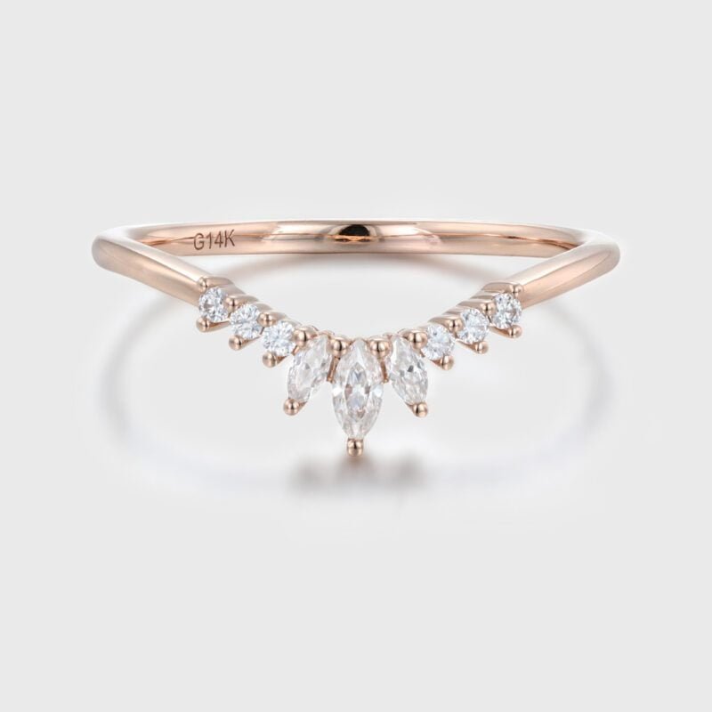 Unique Curved wedding band women rose gold Marquise diamond band vintage Stacking Matching band bridal Promise Anniversary gift for her