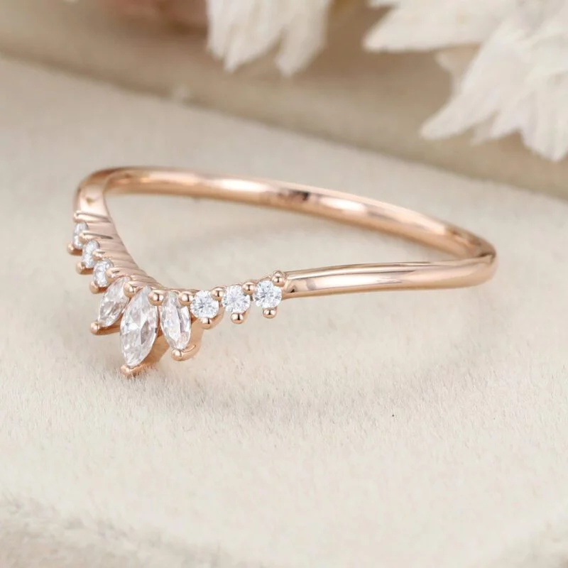 Unique Curved wedding band women rose gold Marquise diamond band vintage Stacking Matching band bridal Promise Anniversary gift for her