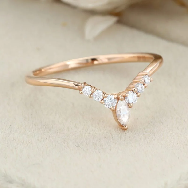 Unique Curved wedding band women vintage rose gold Marquise diamond band vintage Stacking Matching band bridal Promise Anniversary gift