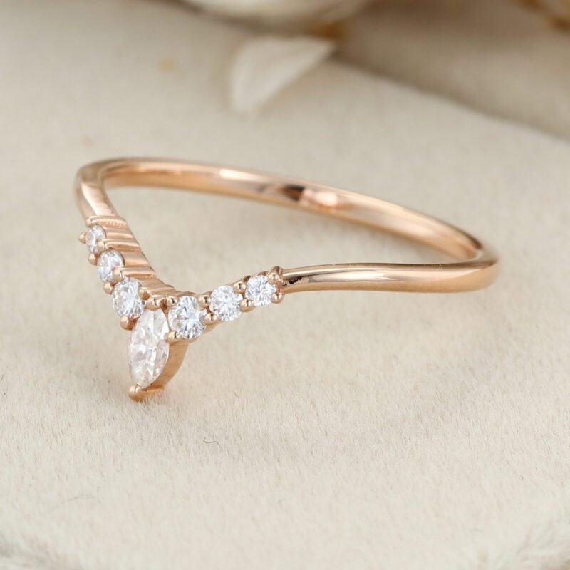 Unique Curved wedding band women vintage rose gold Marquise diamond band vintage Stacking Matching band bridal Promise Anniversary gift