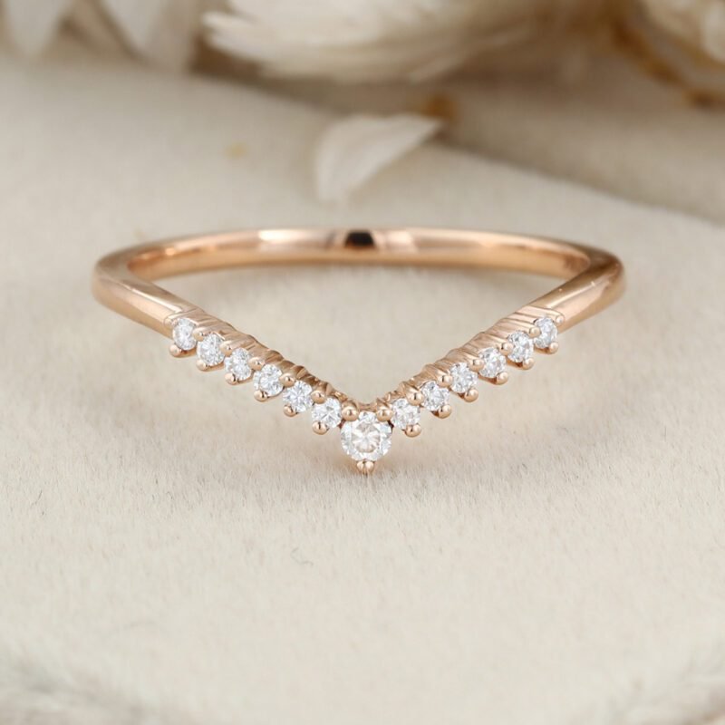 Unique Curved wedding ring Diamond wedding band Vintage Rose gold Moissanite wedding band matching band Bridal promise Anniversary gift