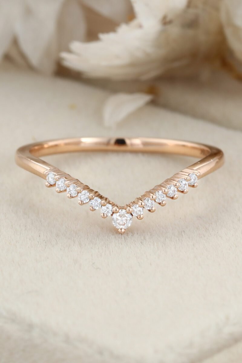 Unique Curved wedding ring Diamond wedding band Vintage Rose gold Moissanite wedding band matching band Bridal promise Anniversary gift