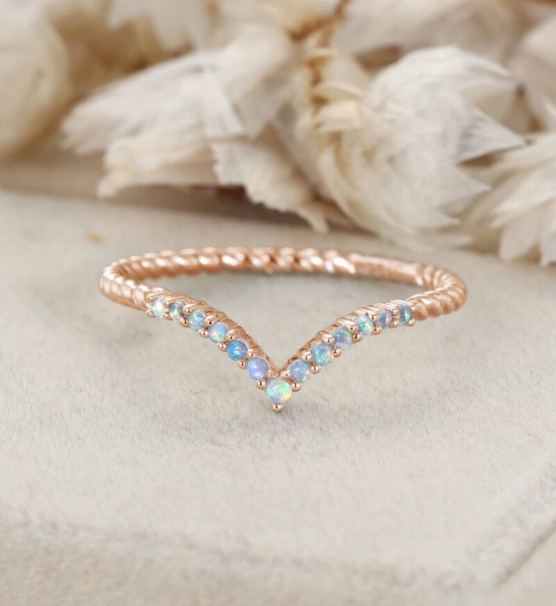 Unique Curved wedding ring Natural Opal wedding band Vintage 14K White gold wedding band matching band Bridal promise Anniversary gifts