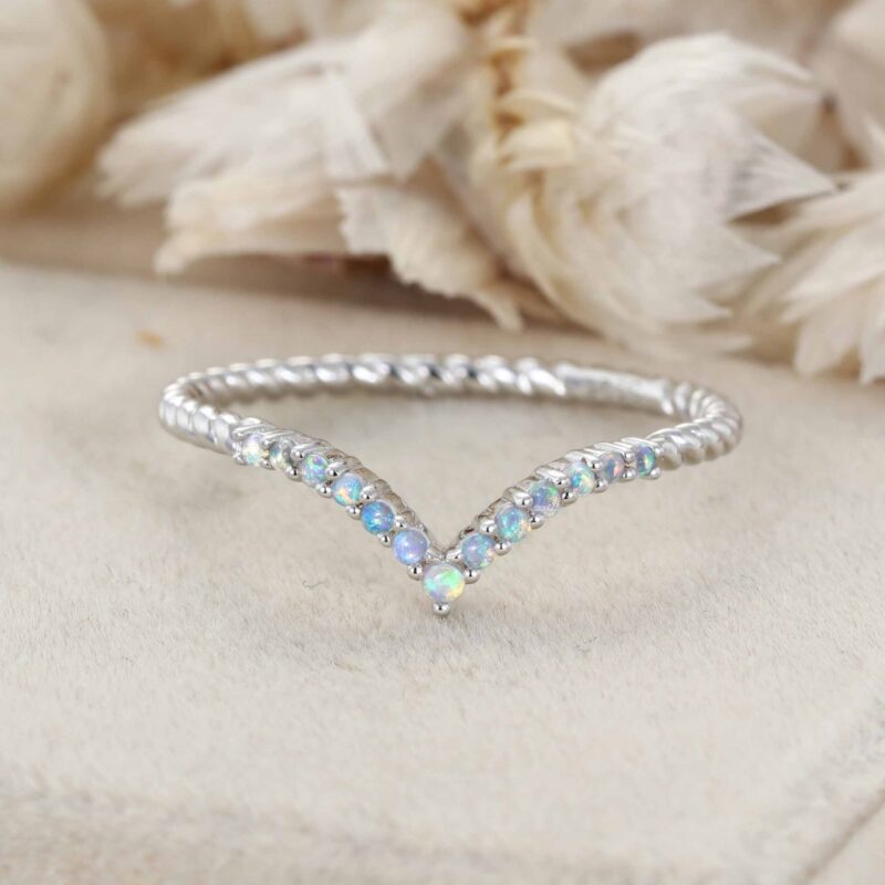 Unique Curved wedding ring Natural Opal wedding band Vintage 14K White gold wedding band matching band Bridal promise Anniversary gifts