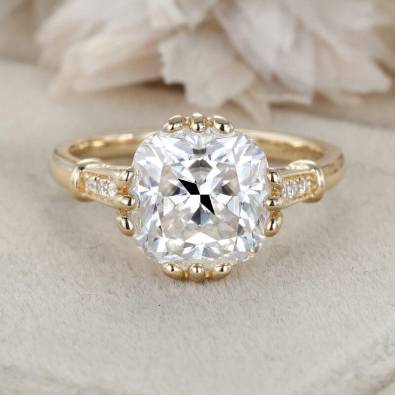 Unique Cushion cut Moissanite engagement Ring Vintage Yellow gold engagement ring wedding ring Bridal set Promise Anniversary gift