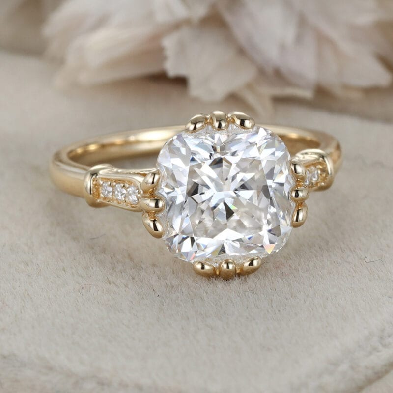 Unique Cushion cut Moissanite engagement Ring Vintage Yellow gold engagement ring wedding ring Bridal set Promise Anniversary gift