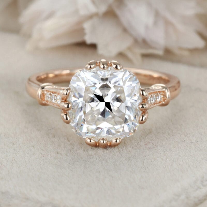 Unique Cushion cut Moissanite engagement Ring Vintage Yellow gold engagement ring wedding ring Bridal set Promise Anniversary gift